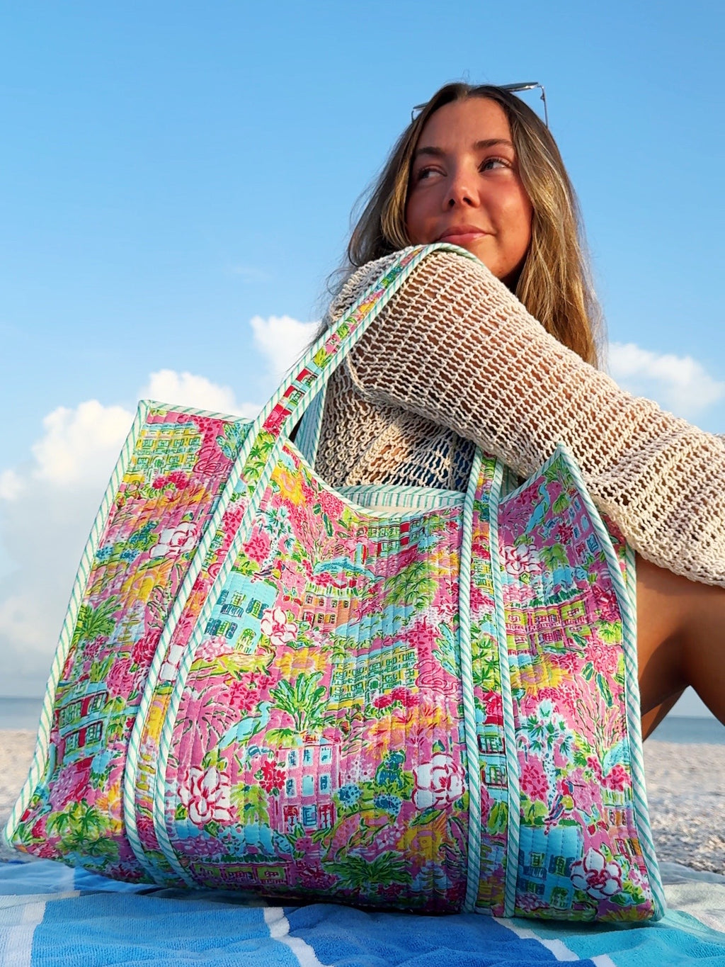 Purple Tropical Southern Town Print Quilted Cotton Reversible Large Tote Bag