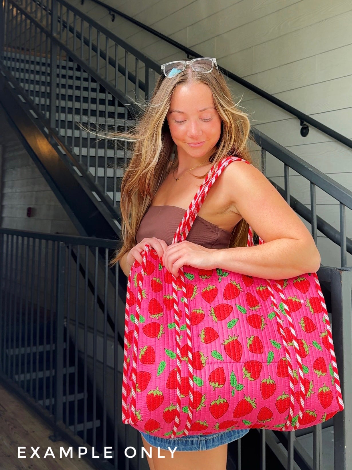 Blue and Red Strawberry Print Quilted Cotton Tote Bag