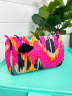 Quilted Makeup Cosmetics Toiletry Bag - Pink Southwest Ikat Print