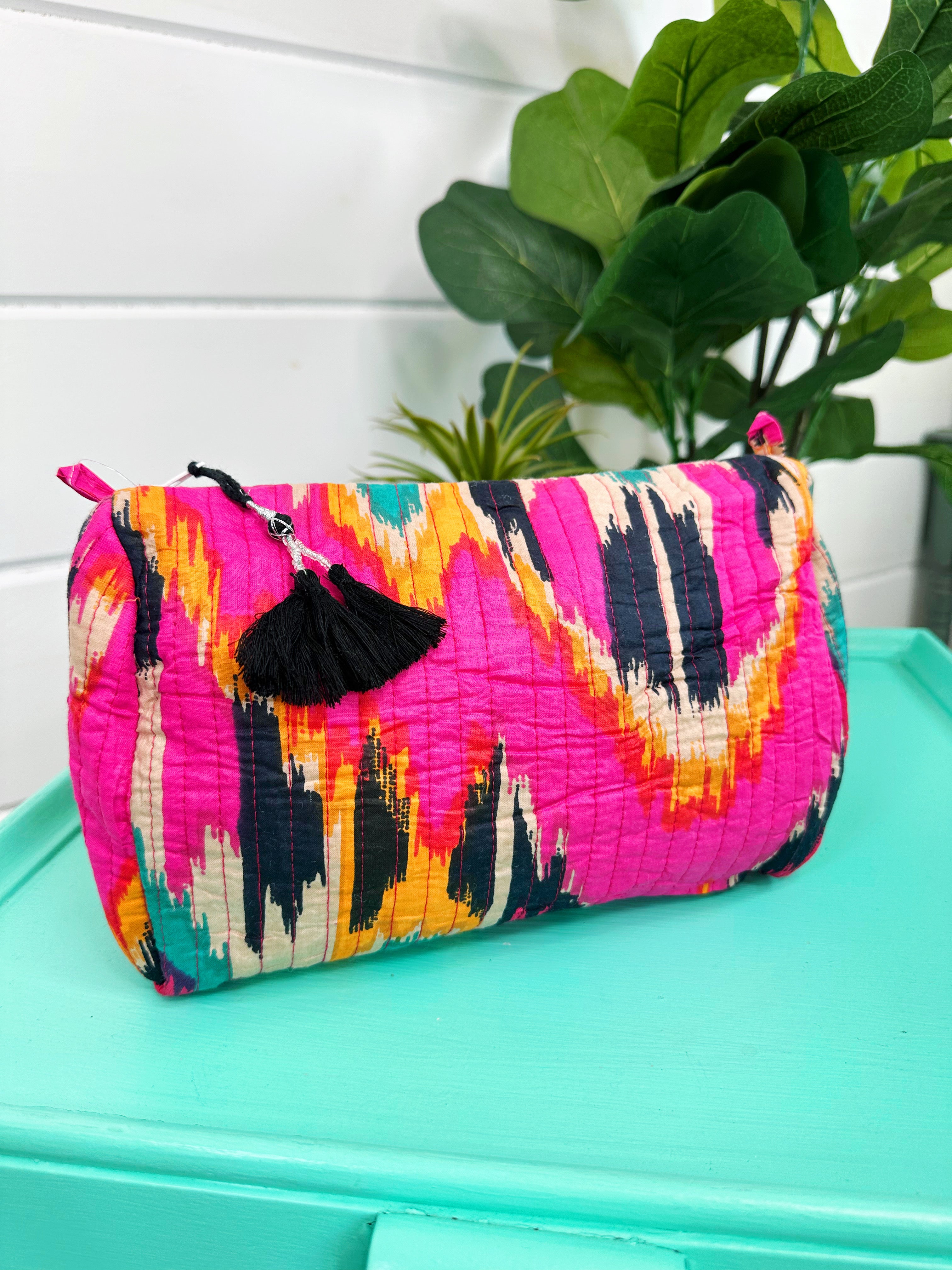Quilted Makeup Cosmetics Toiletry Bag - Pink Southwest Ikat Print