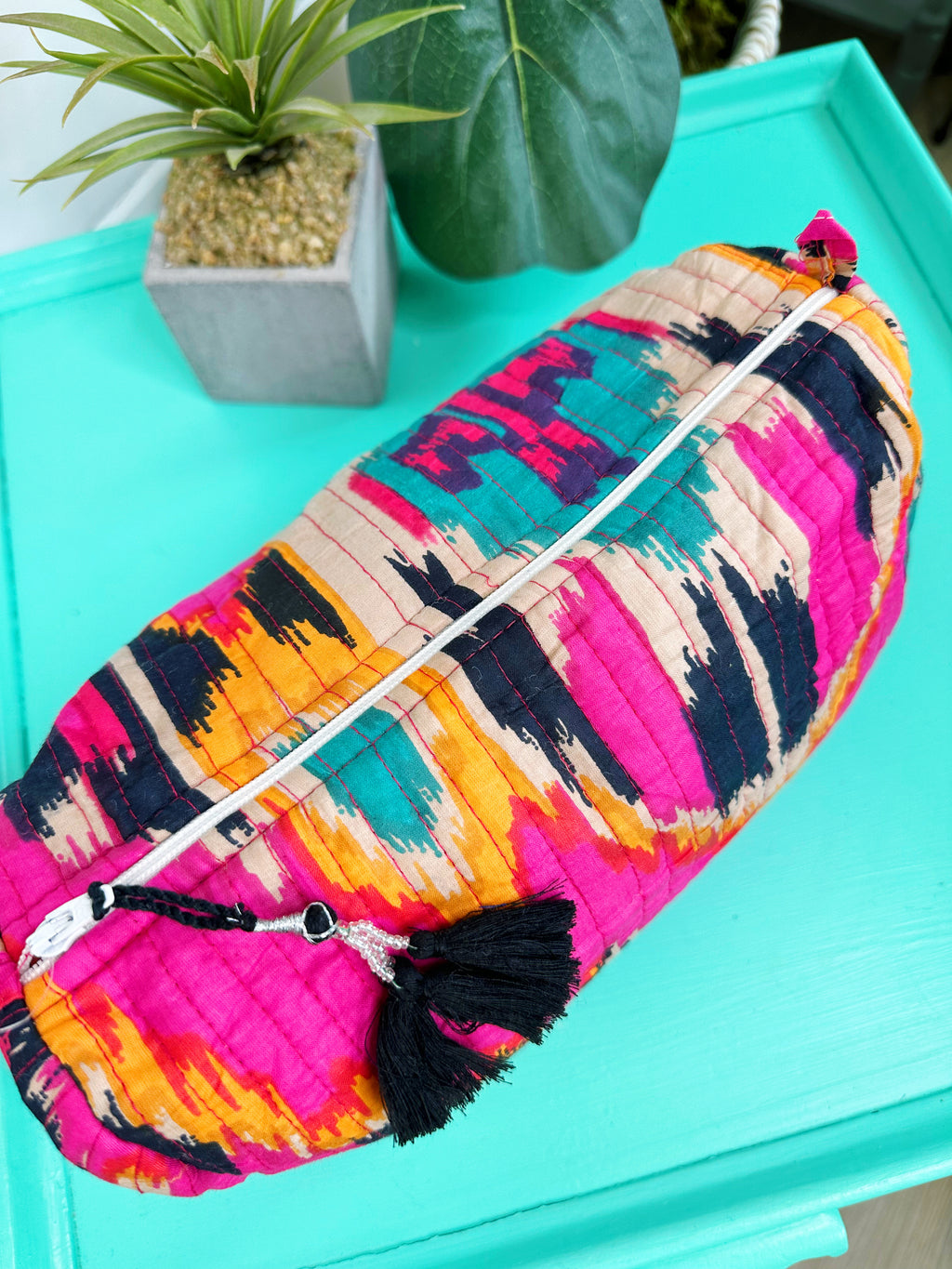 Quilted Makeup Cosmetics Toiletry Bag - Pink Southwest Ikat Print