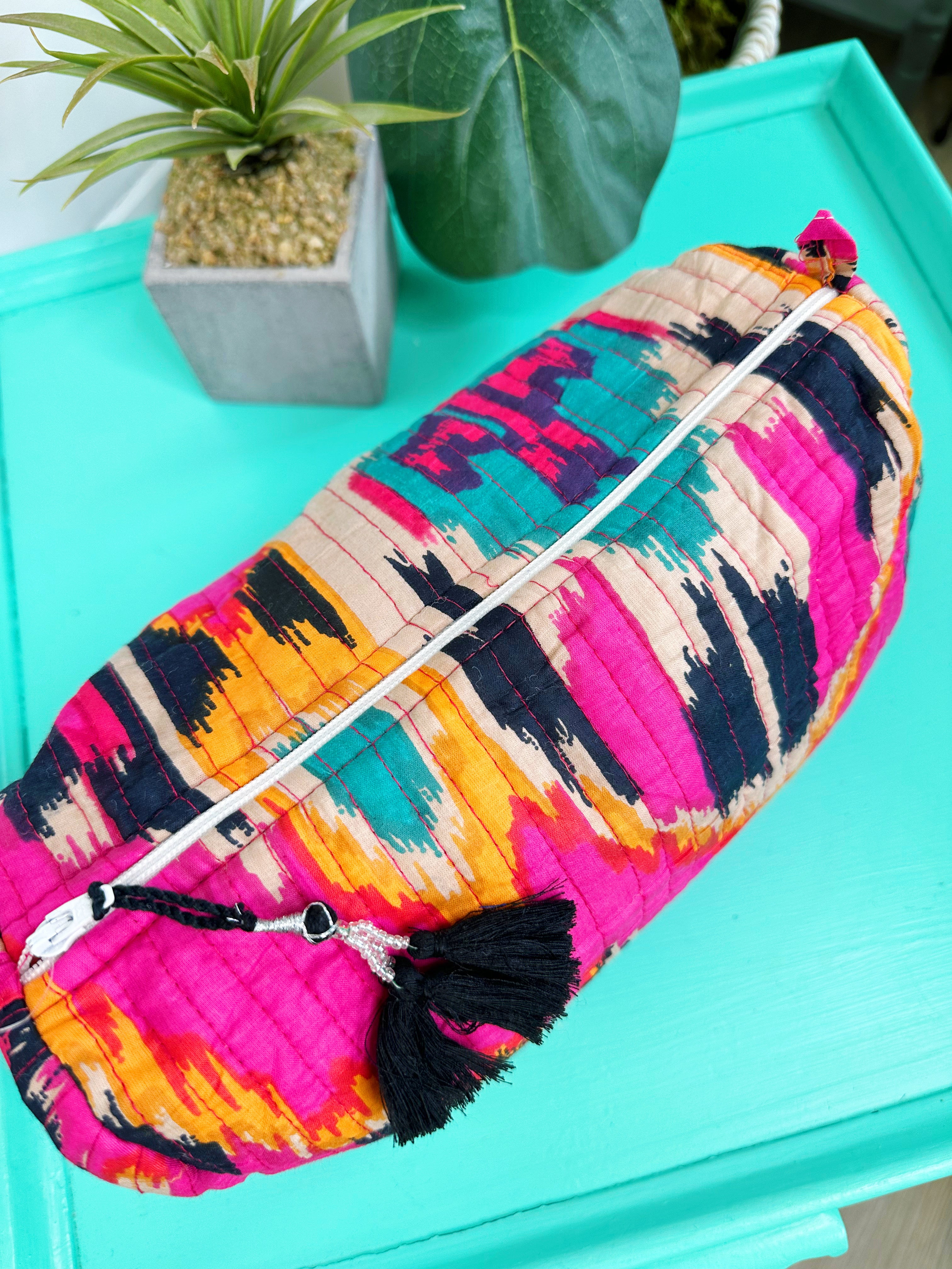 Quilted Makeup Cosmetics Toiletry Bag - Pink Southwest Ikat Print