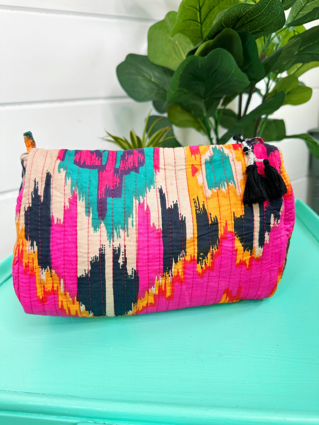 Quilted Makeup Cosmetics Toiletry Bag - Pink Southwest Ikat Print