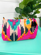 Quilted Makeup Cosmetics Toiletry Bag - Pink Southwest Ikat Print