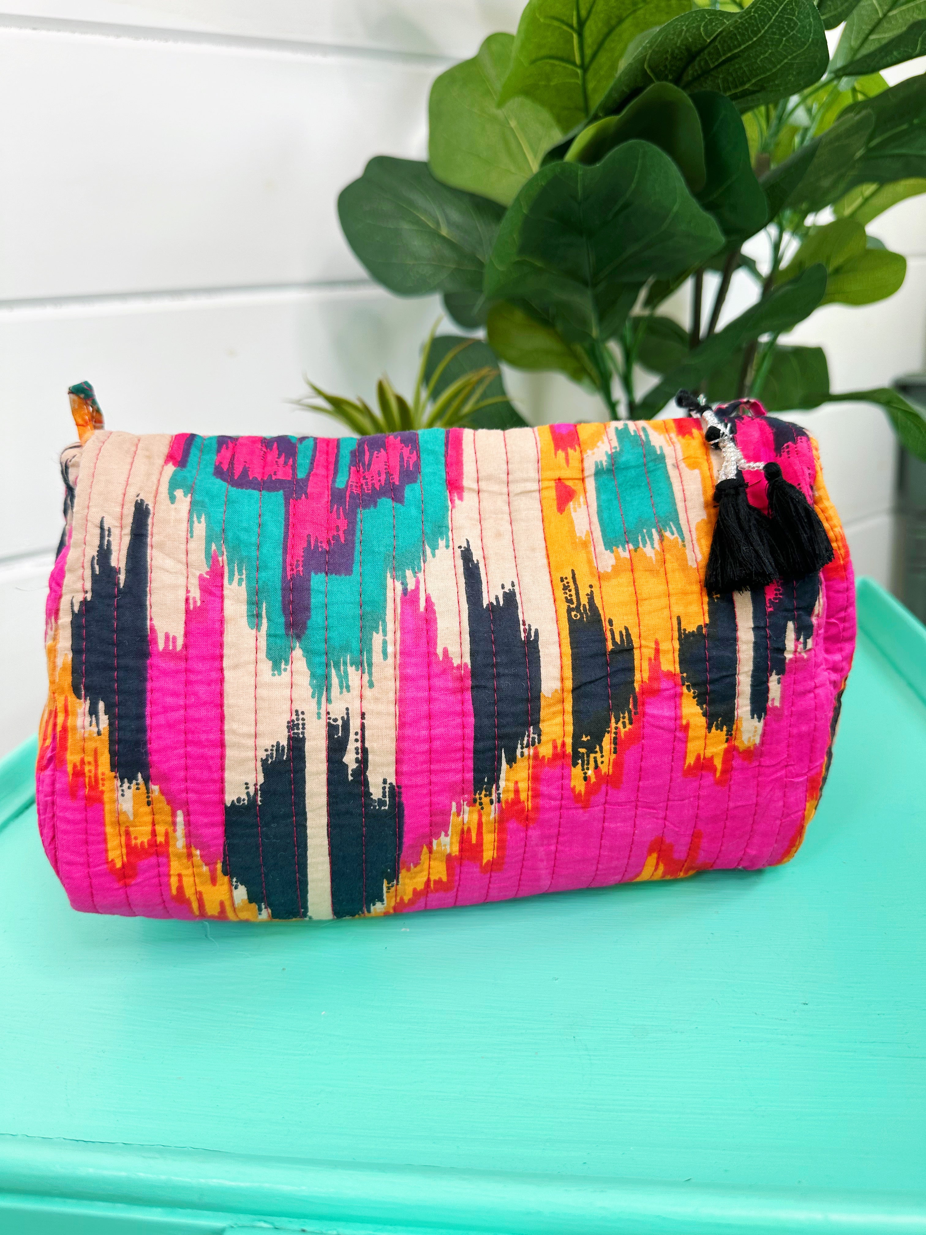 Quilted Makeup Cosmetics Toiletry Bag - Pink Southwest Ikat Print