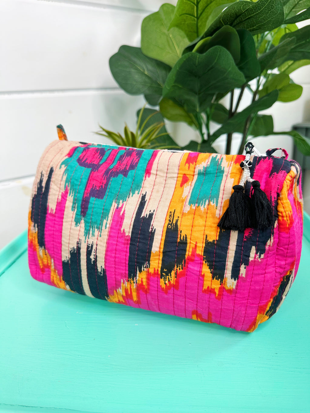 Quilted Makeup Cosmetics Toiletry Bag - Pink Southwest Ikat Print