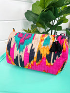 Quilted Makeup Cosmetics Toiletry Bag - Pink Southwest Ikat Print