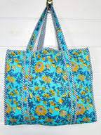 Aqua and Yellow Floral Print Quilted Cotton Tote Bag