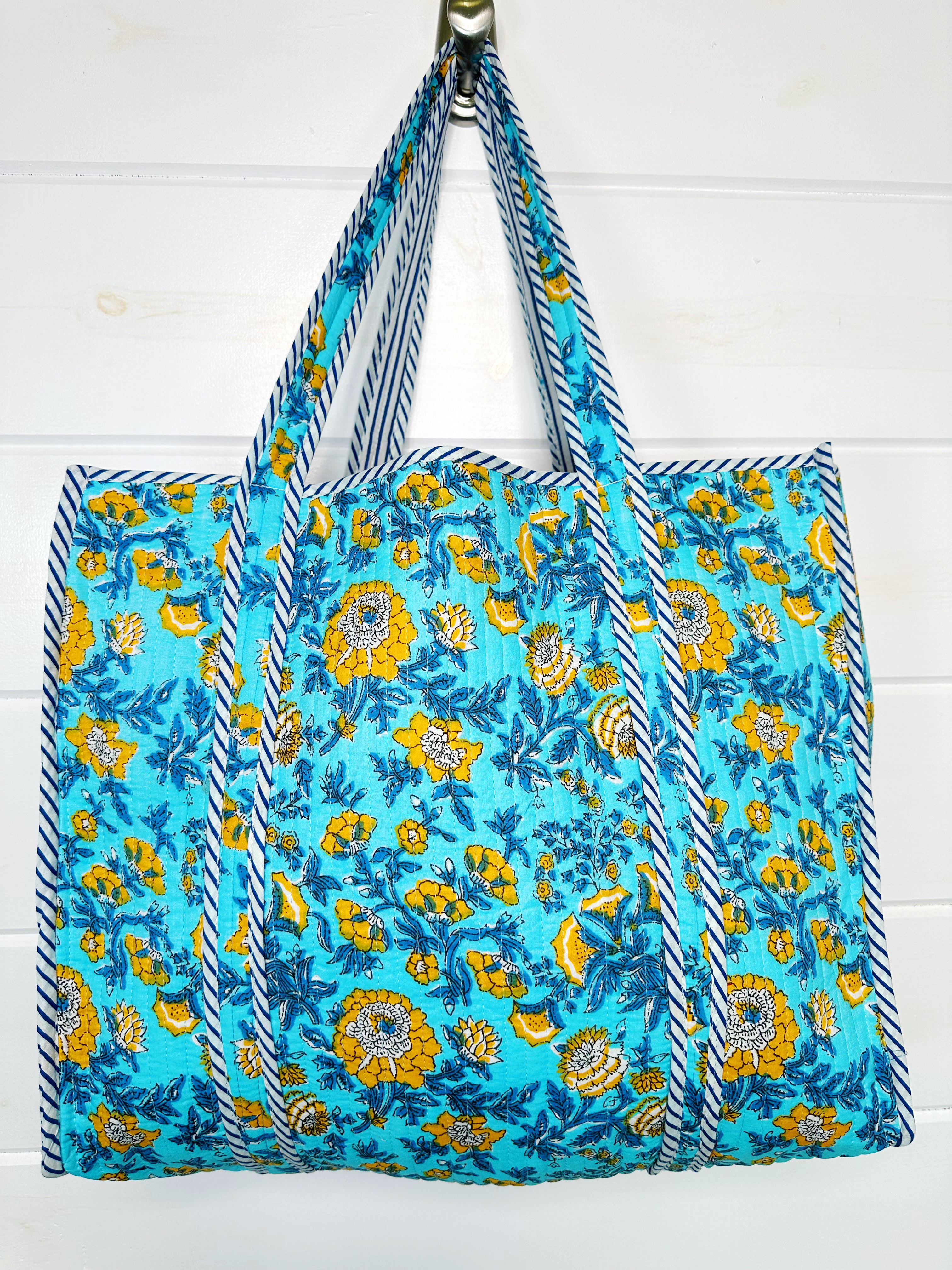 Aqua and Yellow Floral Print Quilted Cotton Tote Bag