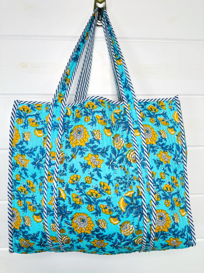 Aqua and Yellow Floral Print Quilted Cotton Tote Bag