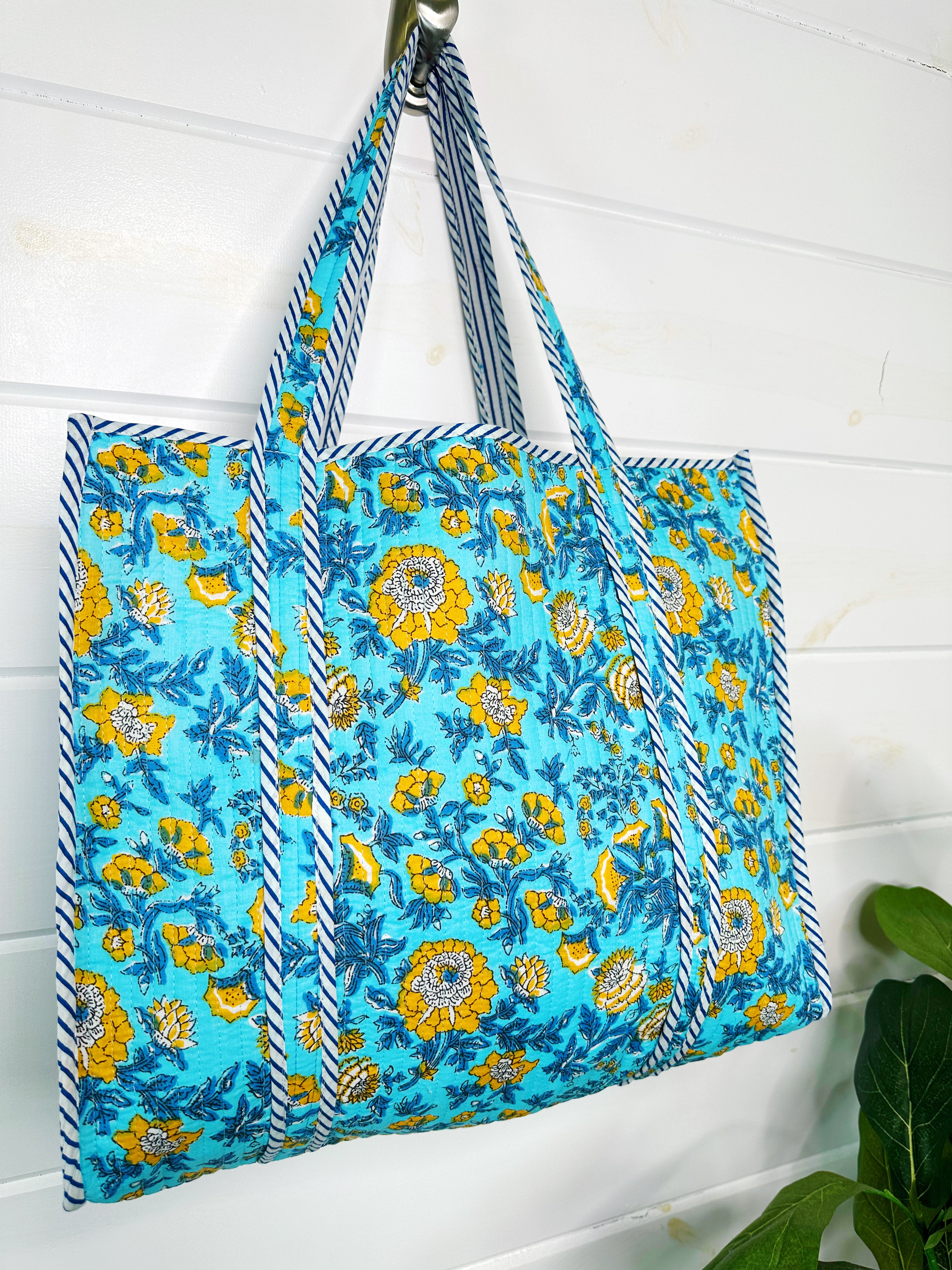 Aqua and Yellow Floral Print Quilted Cotton Tote Bag