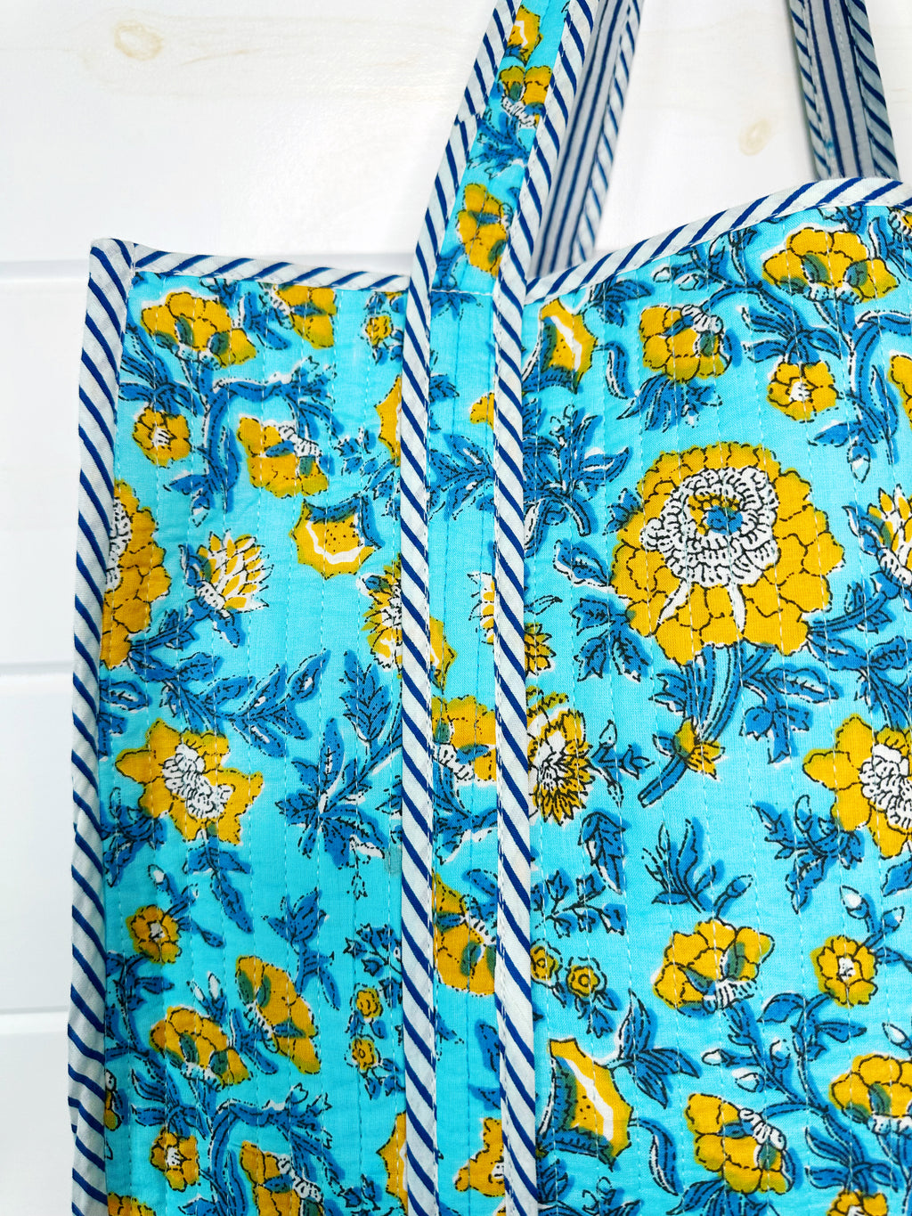Aqua and Yellow Floral Print Quilted Cotton Tote Bag