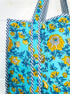 Aqua and Yellow Floral Print Quilted Cotton Tote Bag