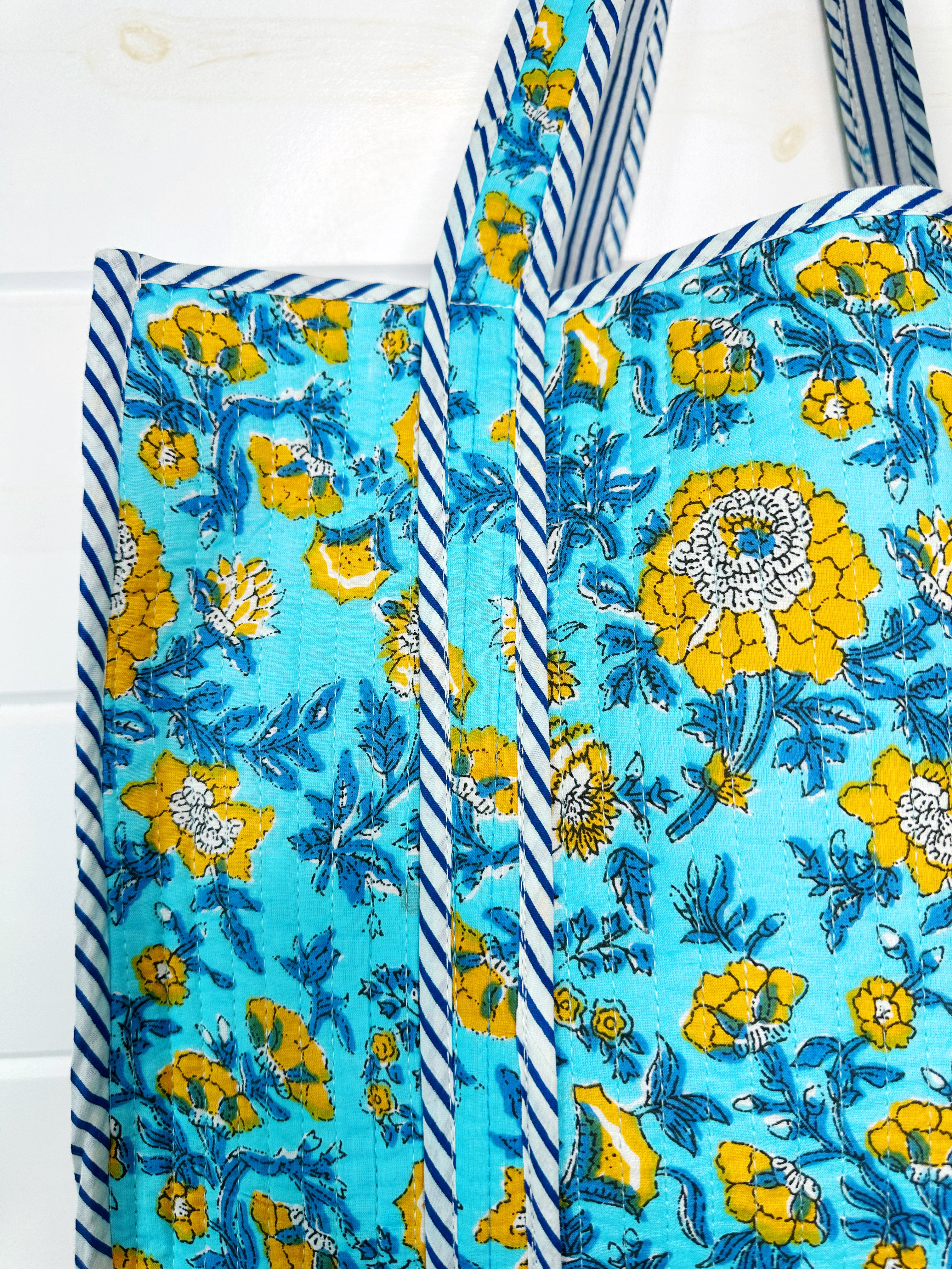 Aqua and Yellow Floral Print Quilted Cotton Tote Bag