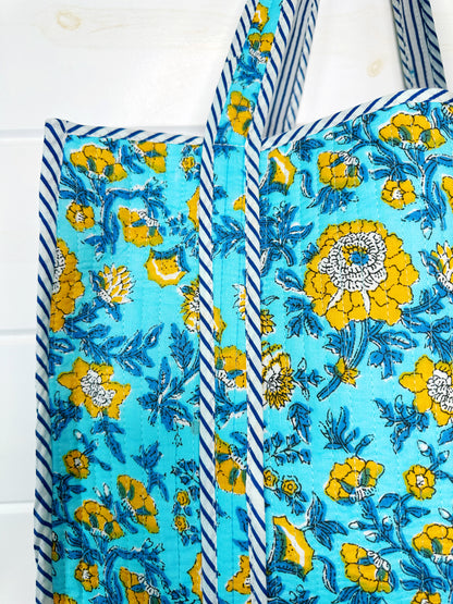Aqua and Yellow Floral Print Quilted Cotton Tote Bag