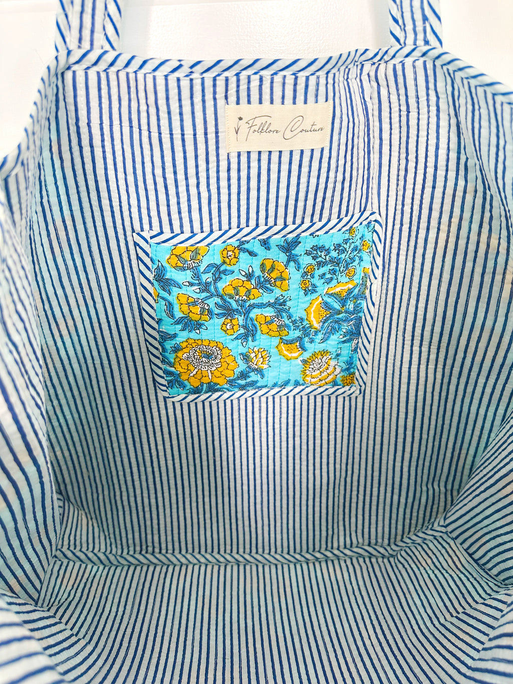 Aqua and Yellow Floral Print Quilted Cotton Tote Bag