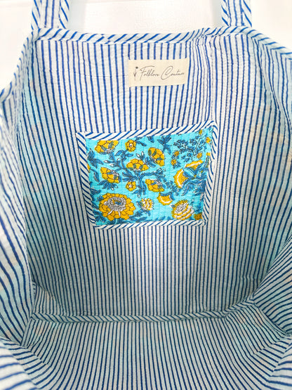 Aqua and Yellow Floral Print Quilted Cotton Tote Bag