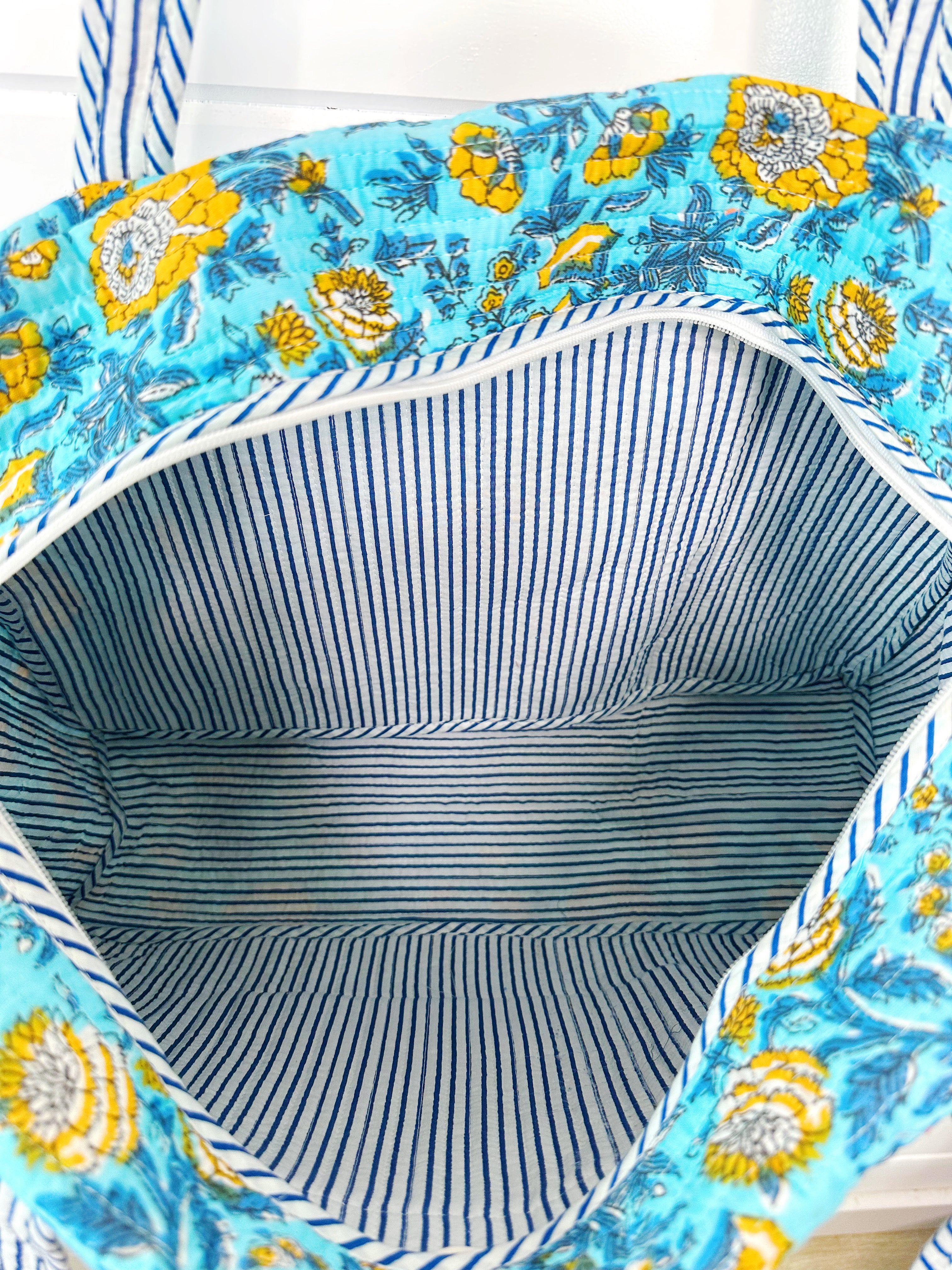 Aqua and Yellow Floral Print Quilted Weekender Overnight Bag