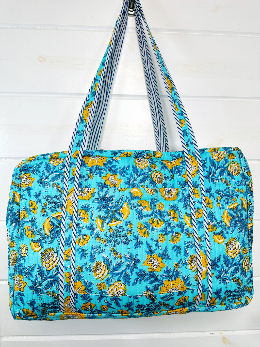 Aqua and Yellow Floral Print Quilted Weekender Overnight Bag
