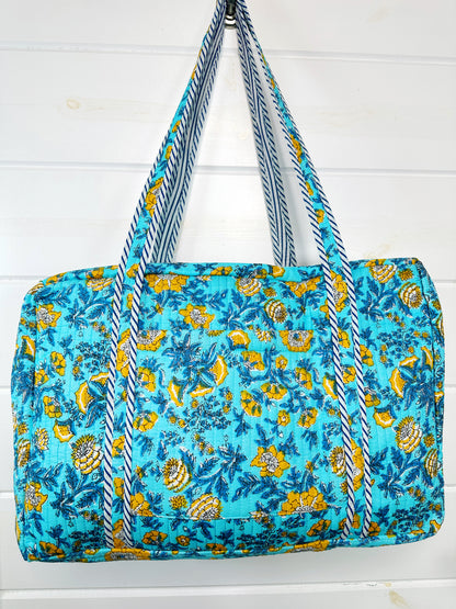 Aqua and Yellow Floral Print Quilted Weekender Overnight Bag