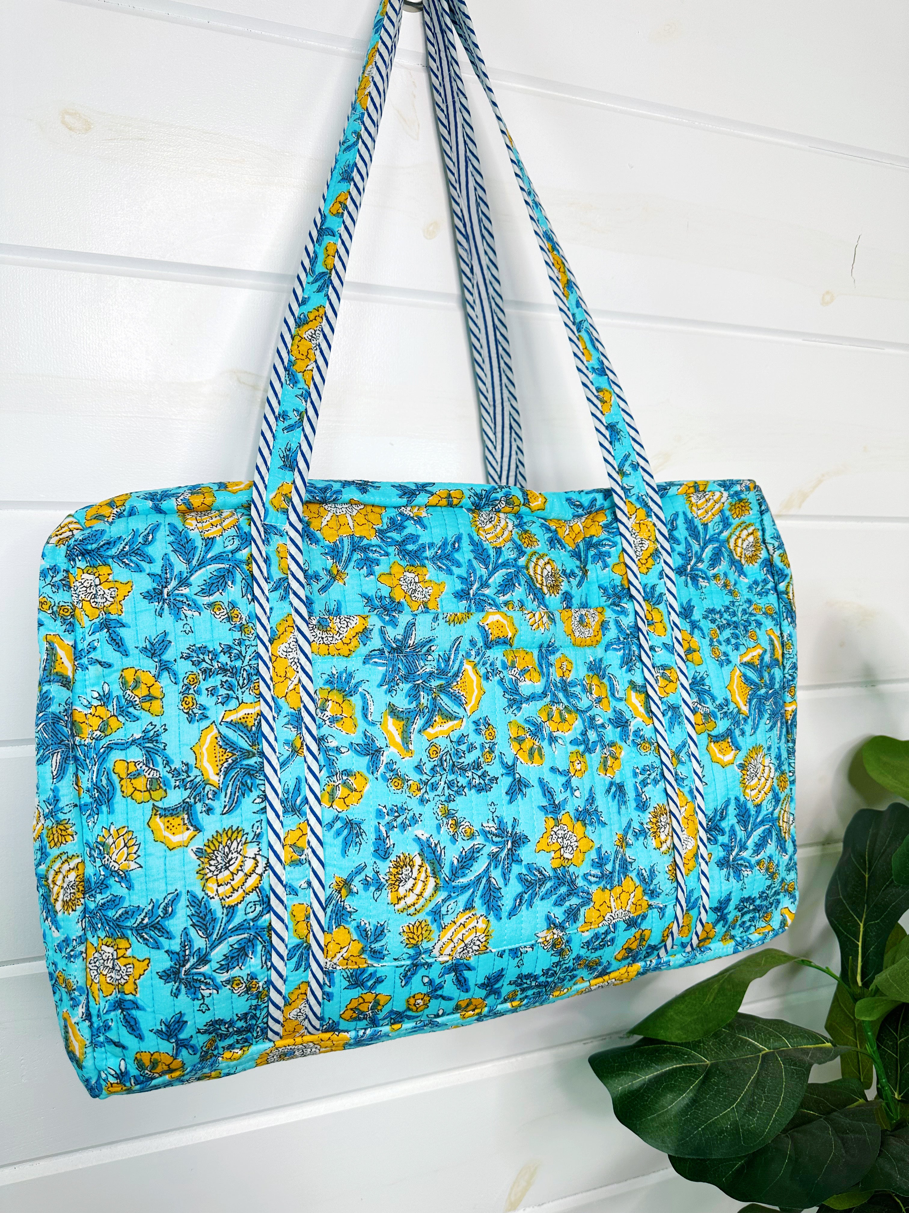 Aqua and Yellow Floral Print Quilted Weekender Overnight Bag