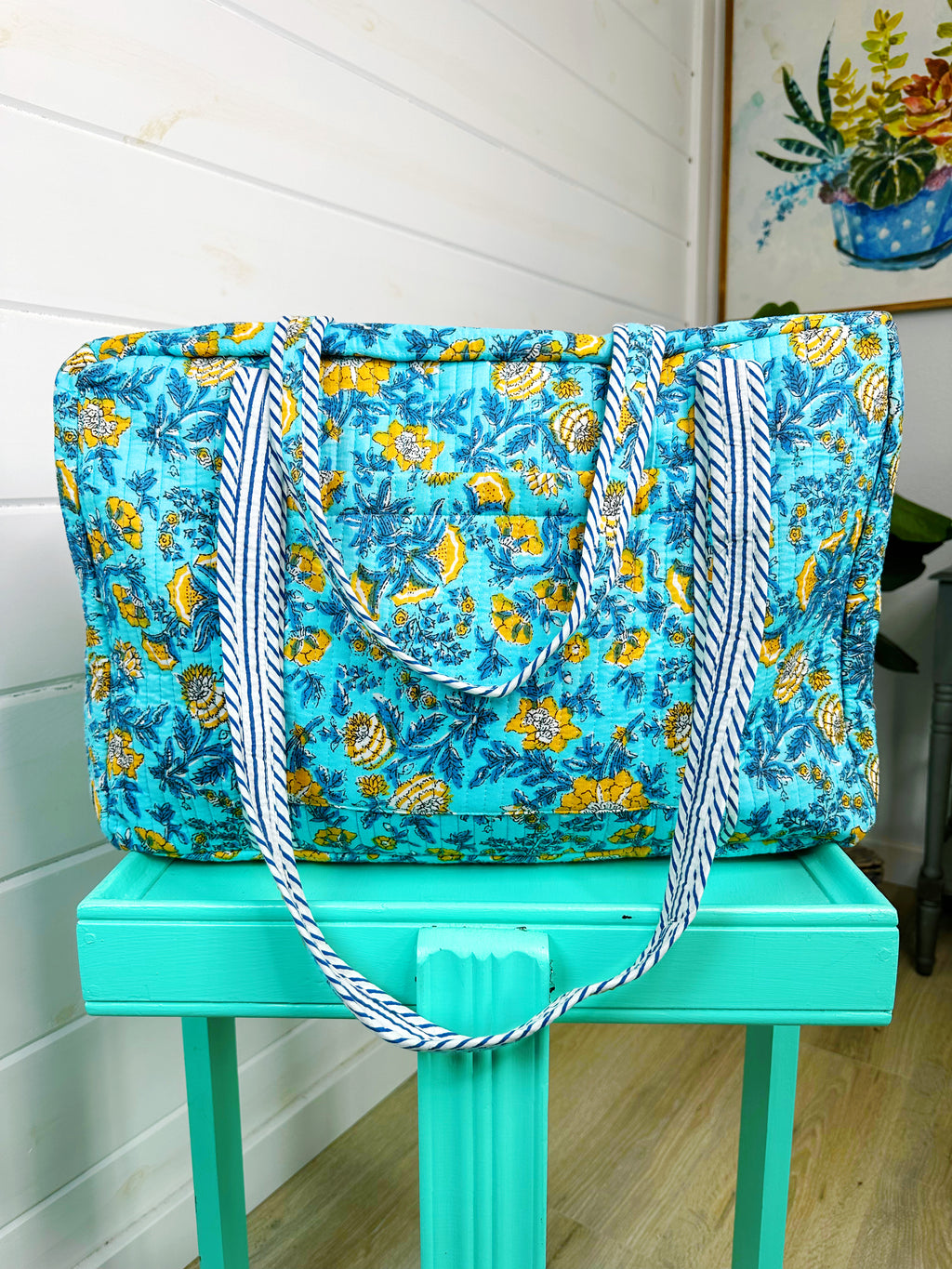Aqua and Yellow Floral Print Quilted Weekender Overnight Bag