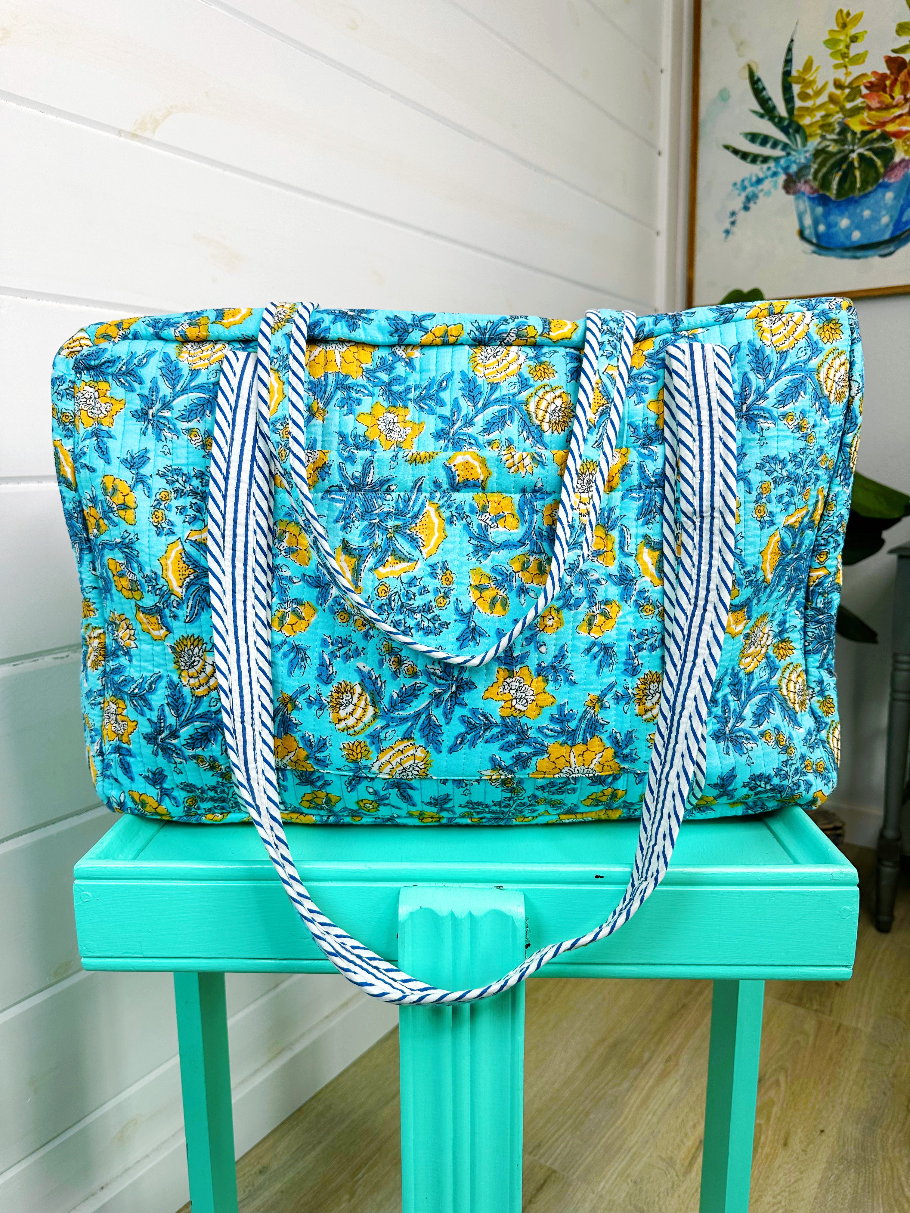 Aqua and Yellow Floral Print Quilted Weekender Overnight Bag