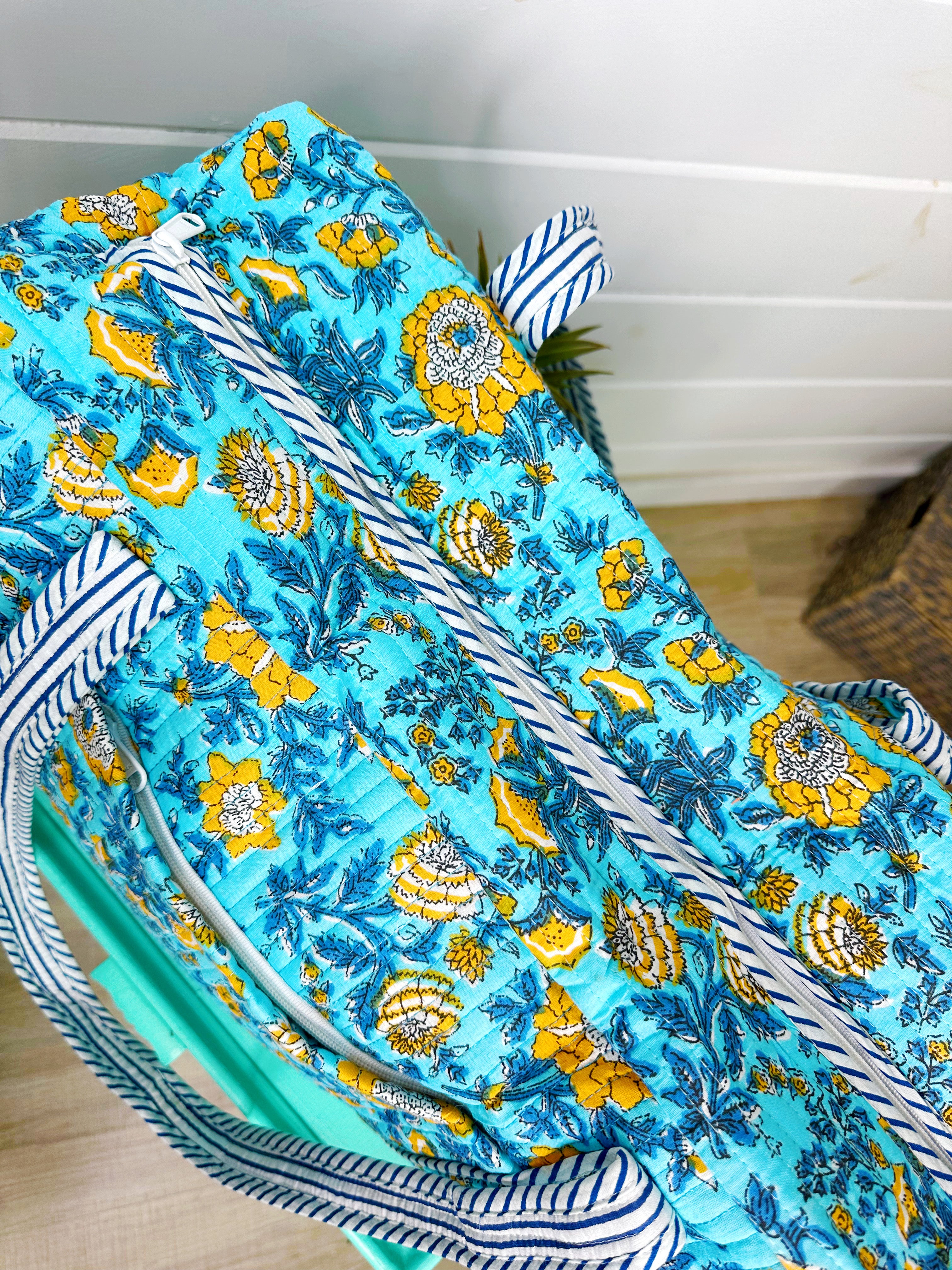 Aqua and Yellow Floral Print Quilted Weekender Overnight Bag