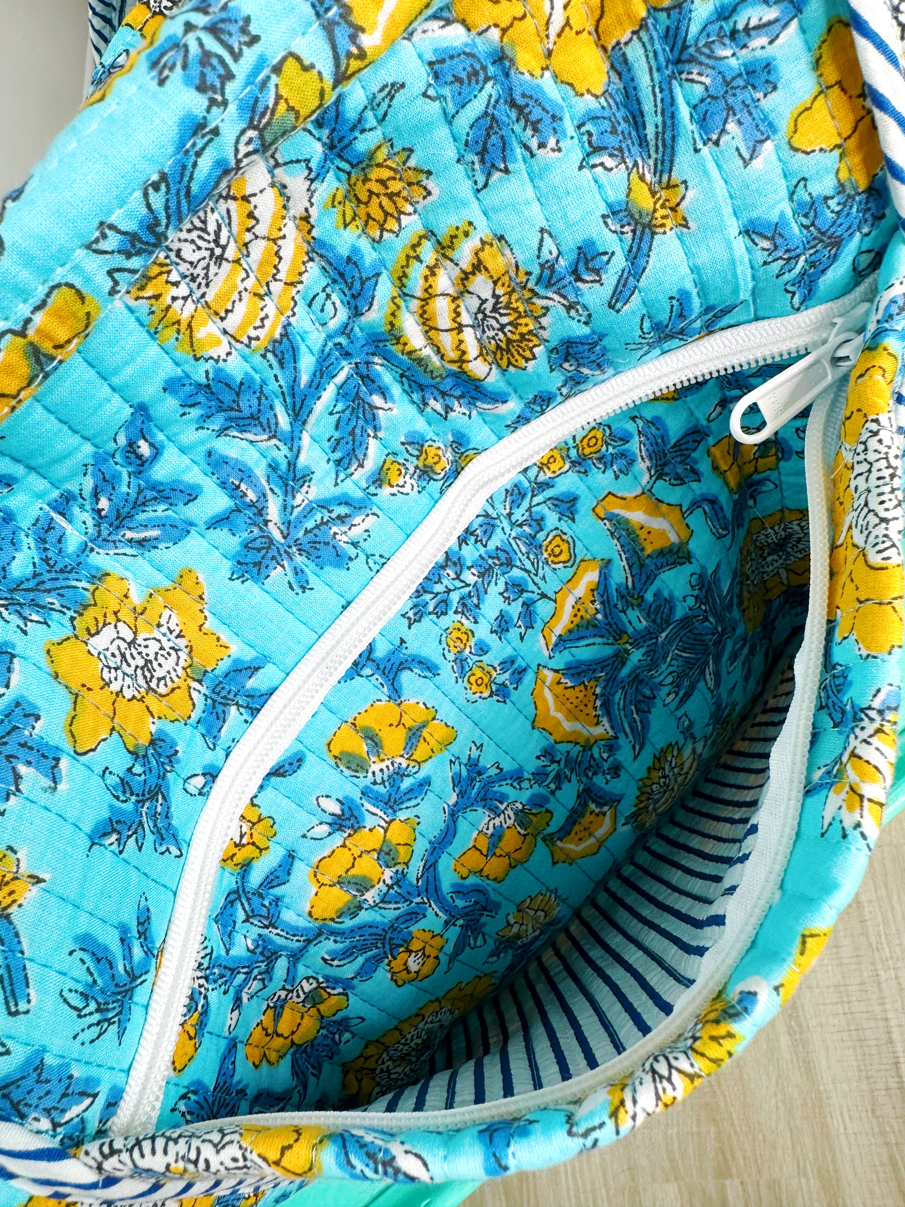 Aqua and Yellow Floral Print Quilted Weekender Overnight Bag