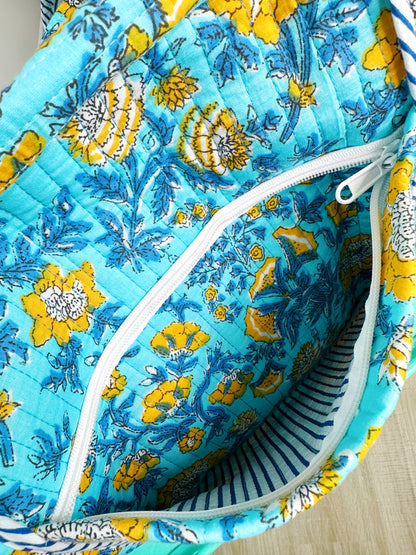 Aqua and Yellow Floral Print Quilted Weekender Overnight Bag