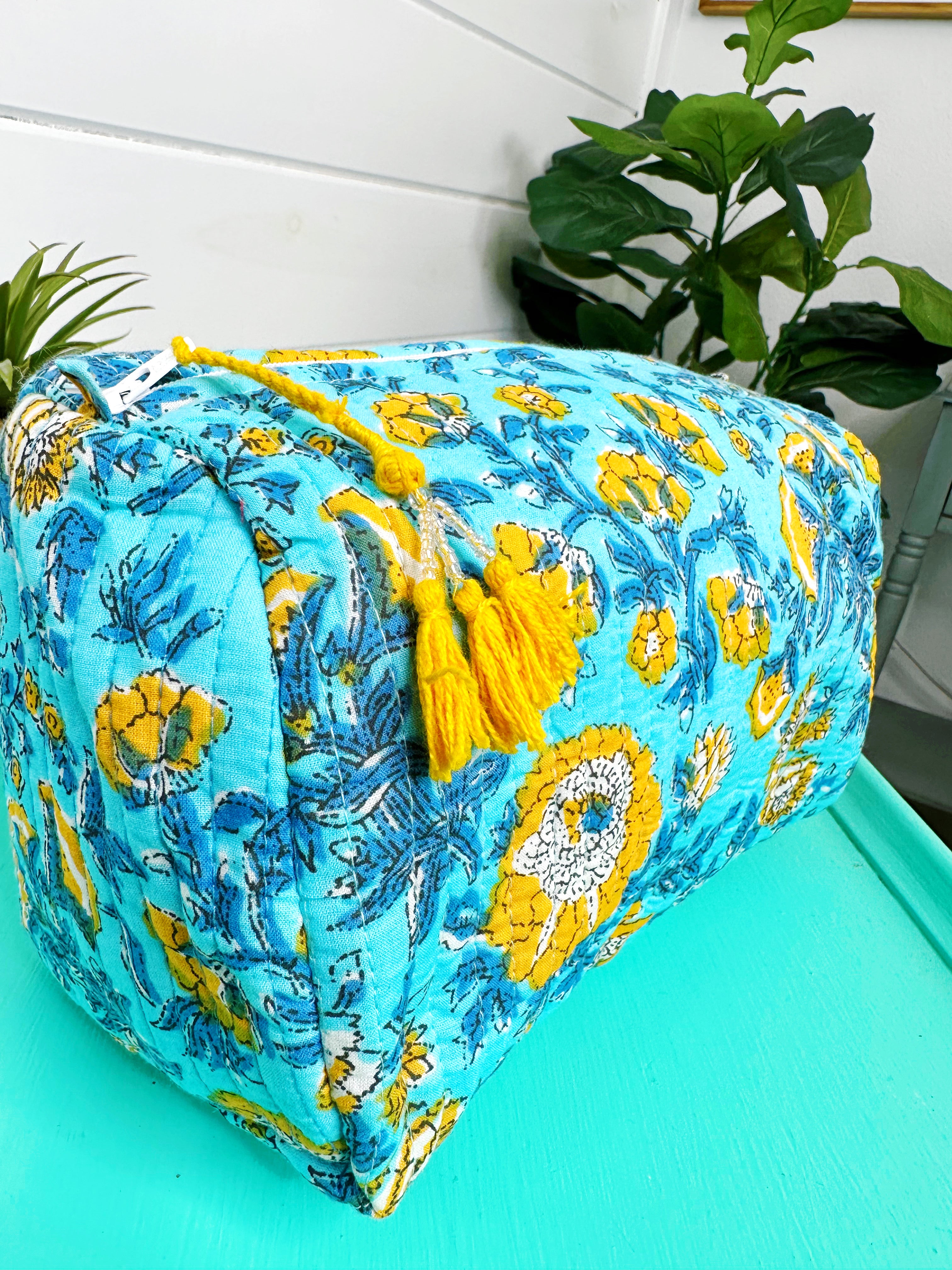 Aqua and Yellow Floral Print Quilted Makeup Cosmetics Toiletry Bag