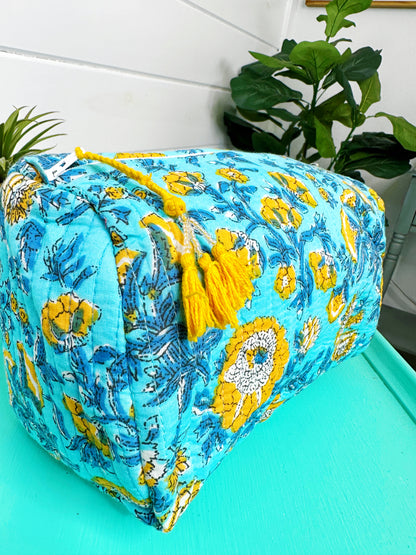 Aqua and Yellow Floral Print Quilted Makeup Cosmetics Toiletry Bag