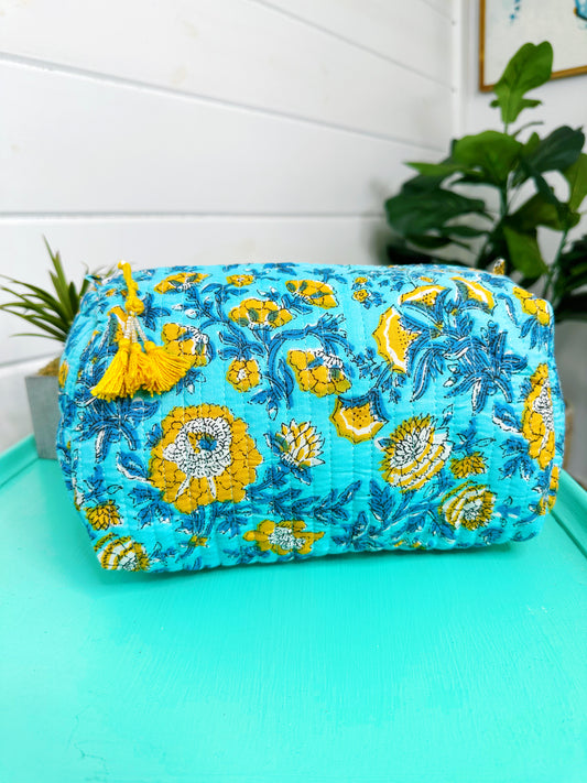 Aqua and Yellow Floral Print Quilted Makeup Cosmetics Toiletry Bag
