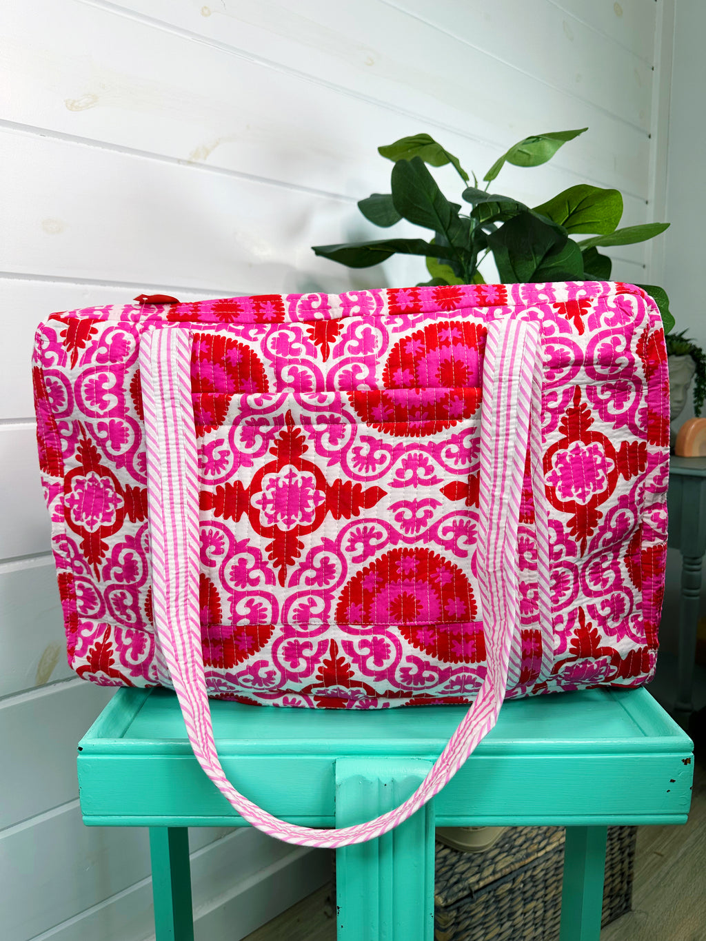 Quilted Weekender Duffle Overnight Bag - Red and Pink Medallion Print