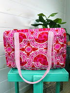 Quilted Weekender Duffle Overnight Bag - Red and Pink Medallion Print