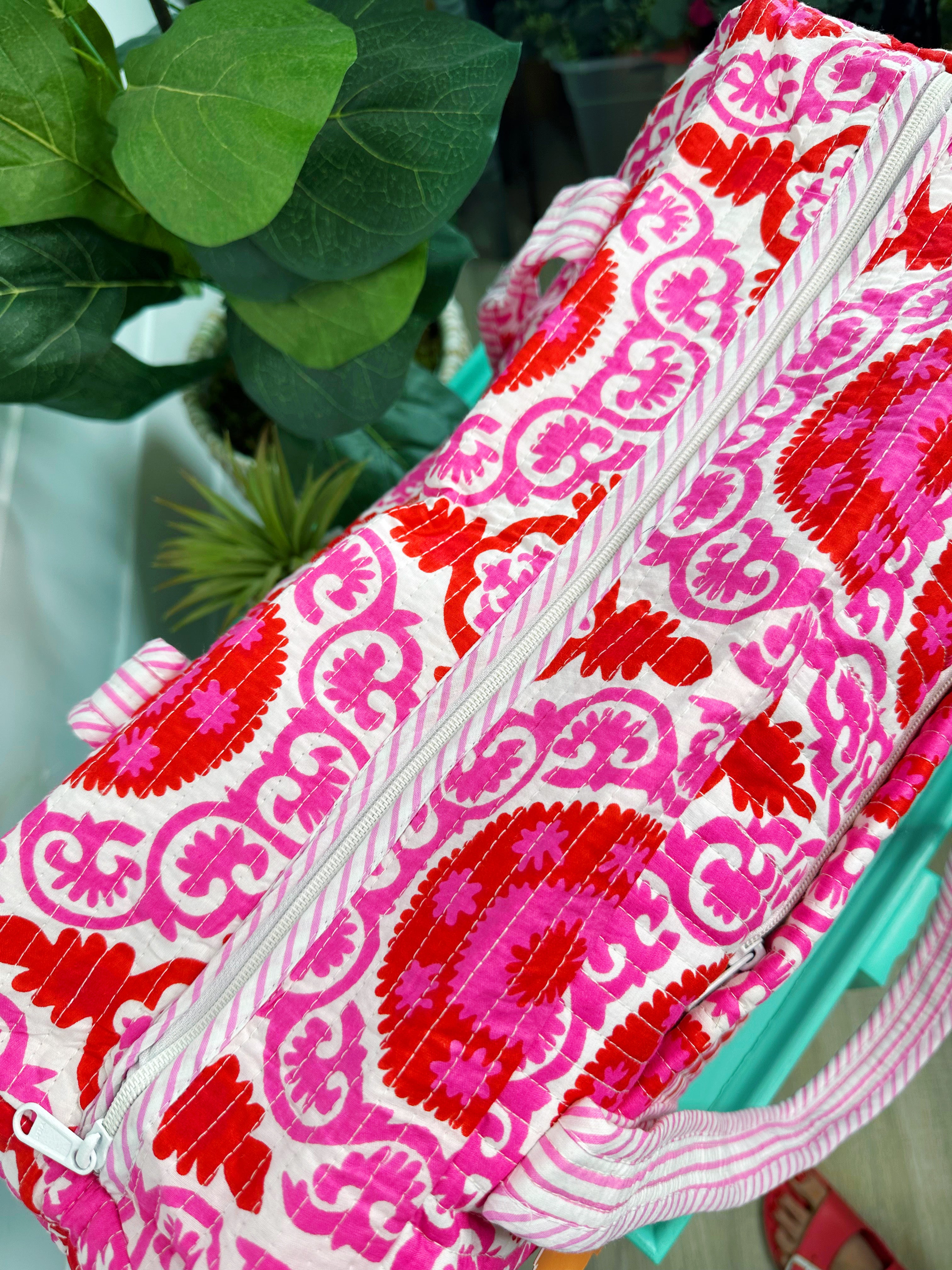 Quilted Weekender Duffle Overnight Bag - Red and Pink Medallion Print