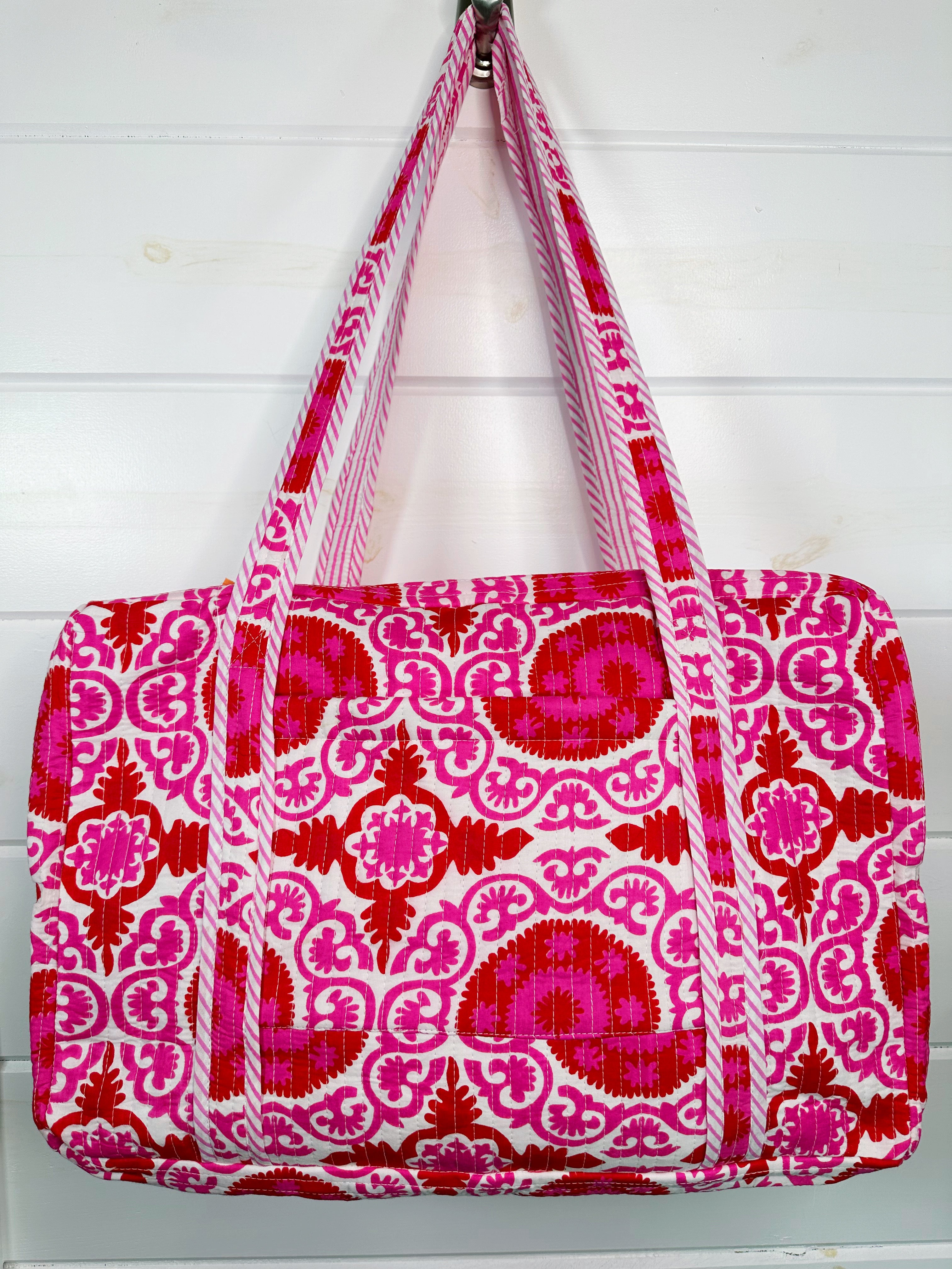 Quilted Weekender Duffle Overnight Bag - Red and Pink Medallion Print