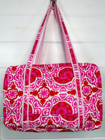 Red and Pink Medallion Print Quilted Weekender Overnight Bag