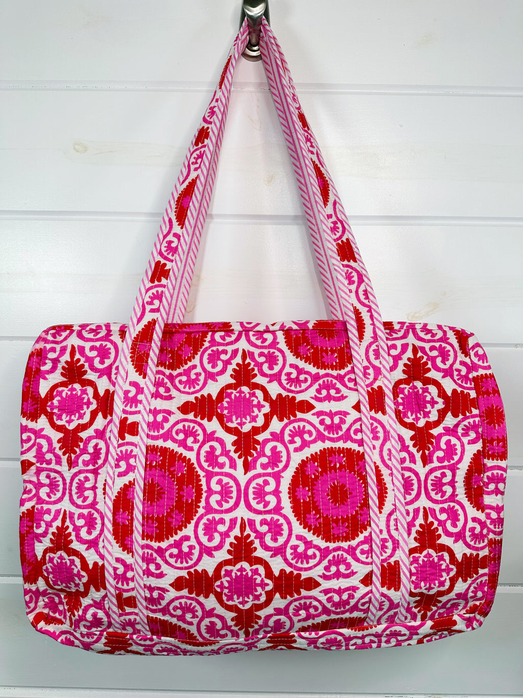 Quilted Weekender Duffle Overnight Bag - Red and Pink Medallion Print
