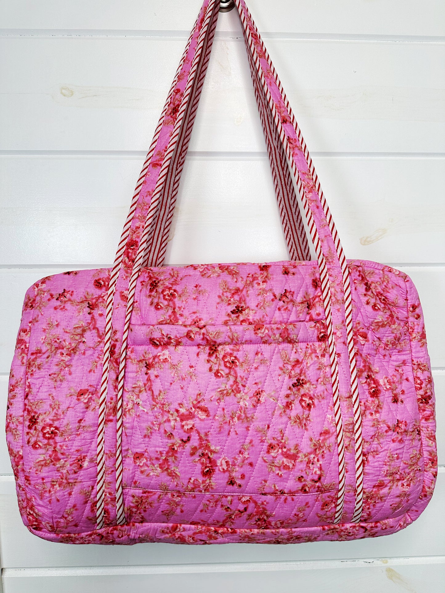 Pink Floral Print Diamond Quilted Weekender Overnight Bag