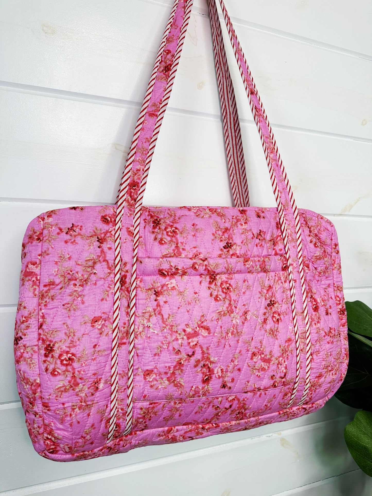Pink Floral Print Diamond Quilted Weekender Overnight Bag
