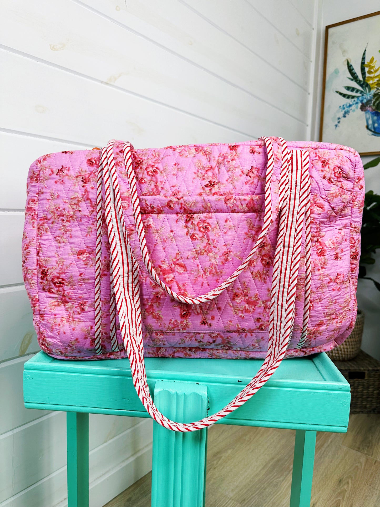 Pink Floral Print Diamond Quilted Weekender Overnight Bag