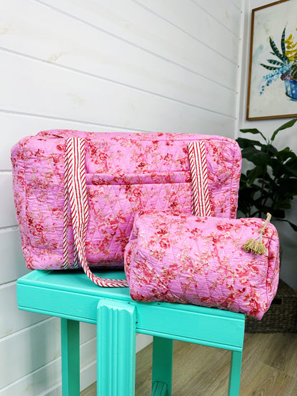 Pink Floral Print Diamond Quilted Makeup Cosmetics Toiletry Bag