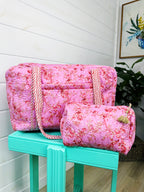 Pink Floral Print Diamond Quilted Weekender Overnight Bag