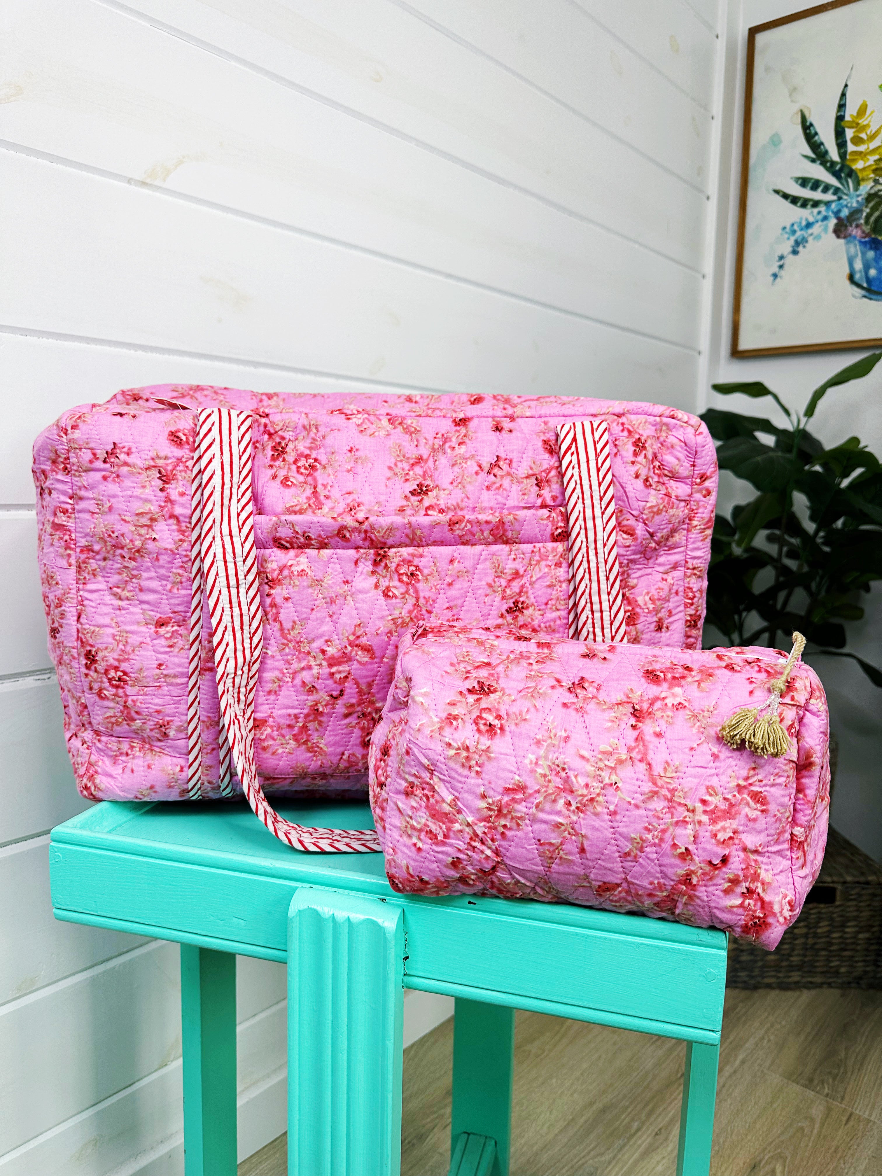 Pink Floral Print Diamond Quilted Weekender Overnight Bag