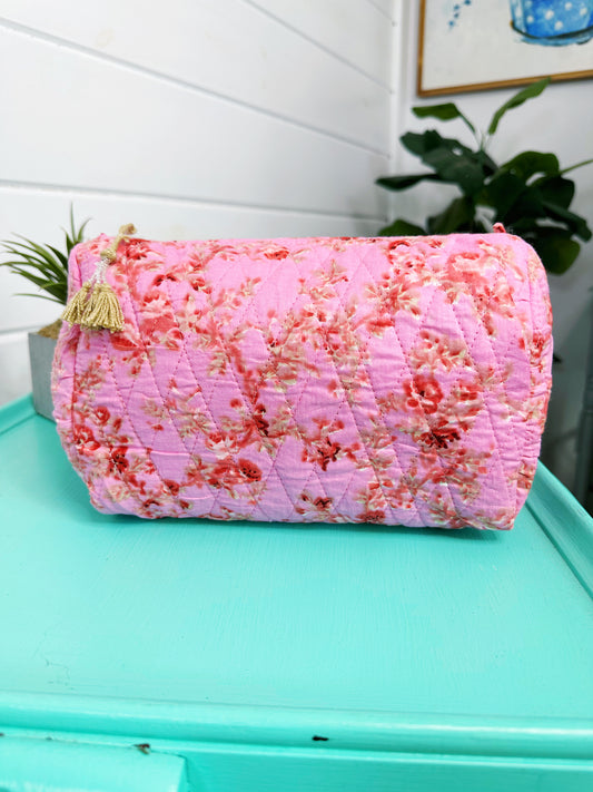 Pink Floral Print Diamond Quilted Makeup Cosmetics Toiletry Bag