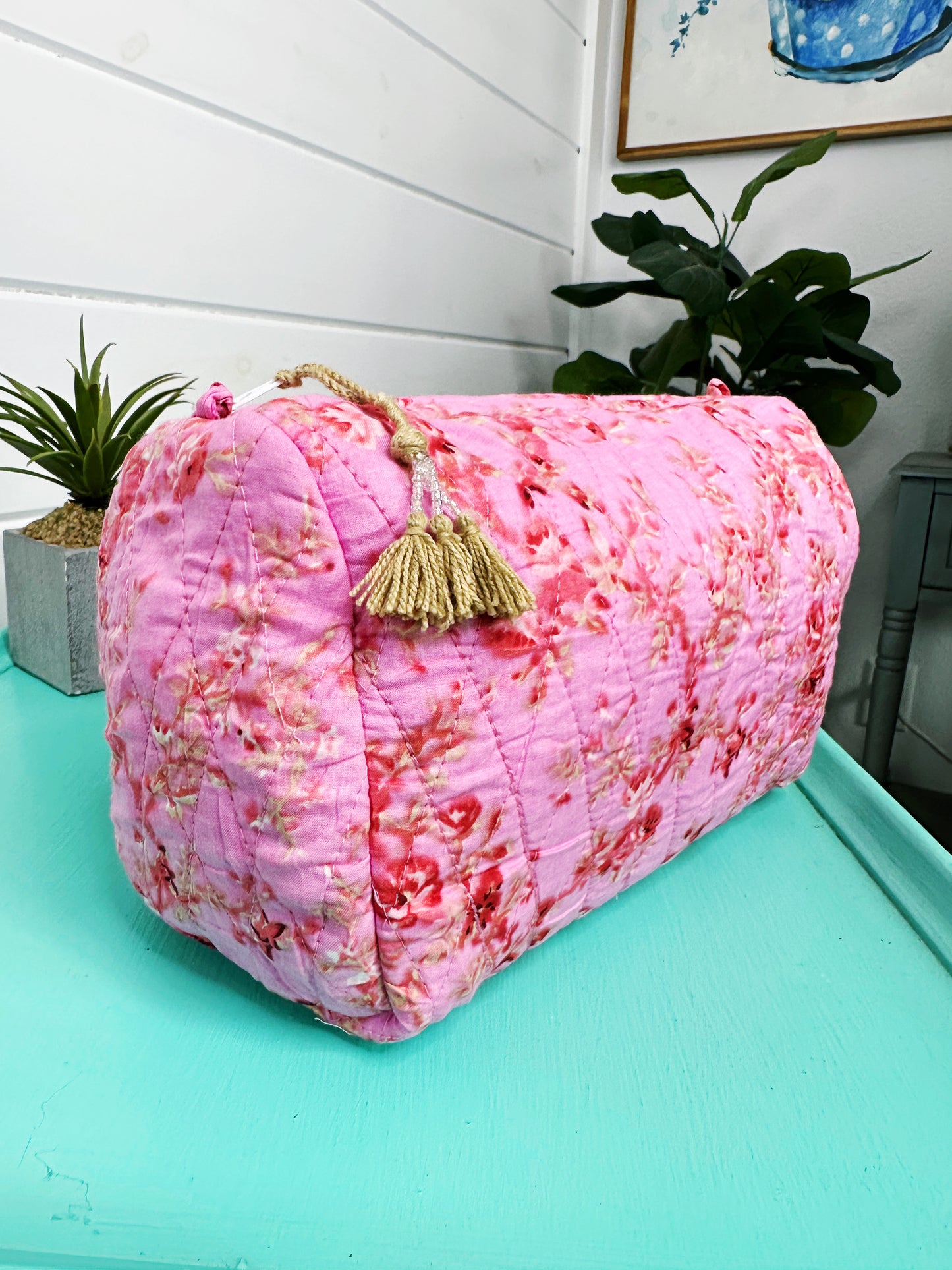 Pink Floral Print Diamond Quilted Makeup Cosmetics Toiletry Bag