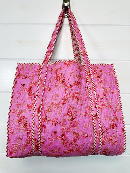 Pink Floral Print Diamond Quilted Cotton Tote Bag