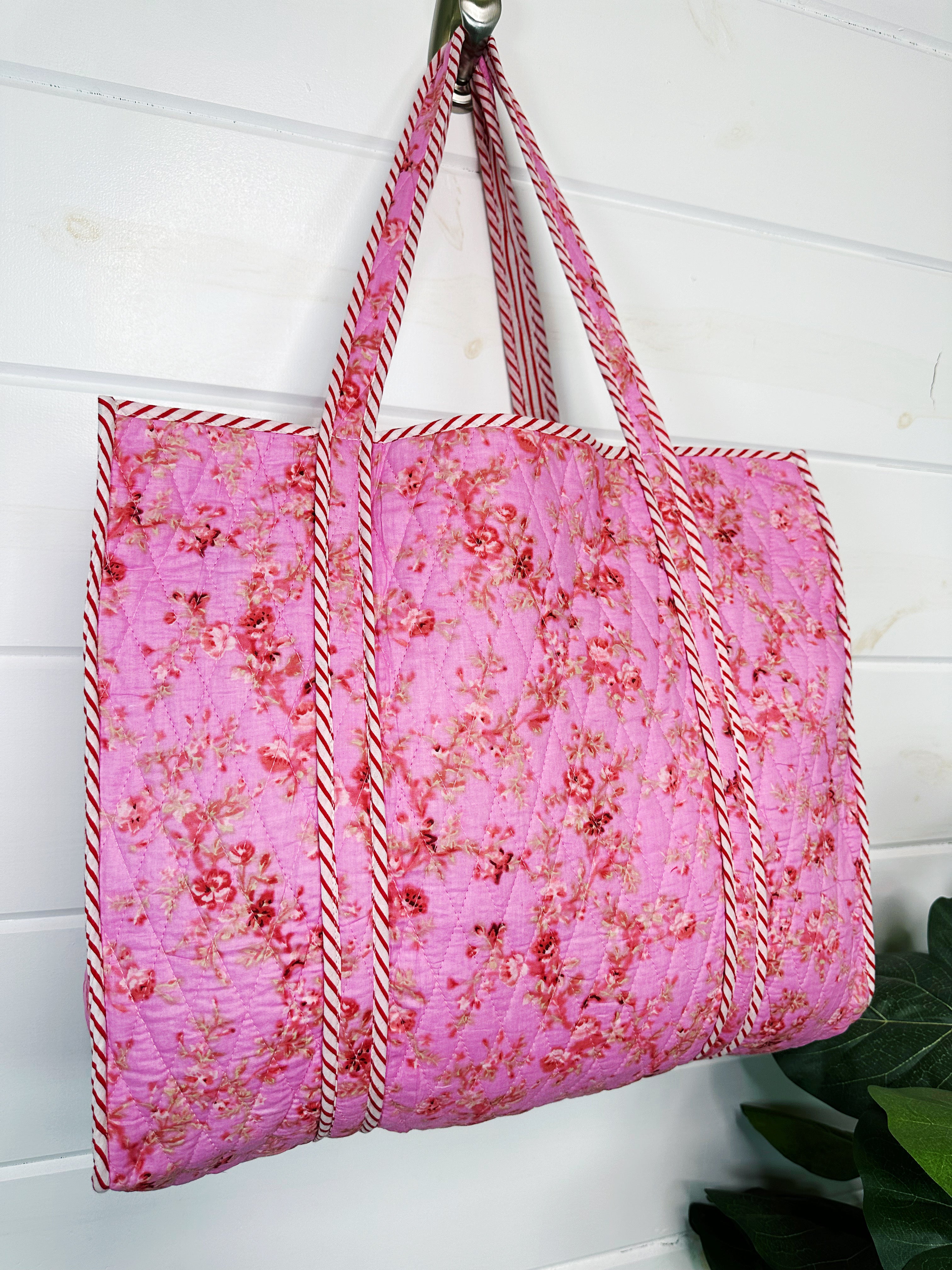 Pink Floral Print Diamond Quilted Cotton Tote Bag