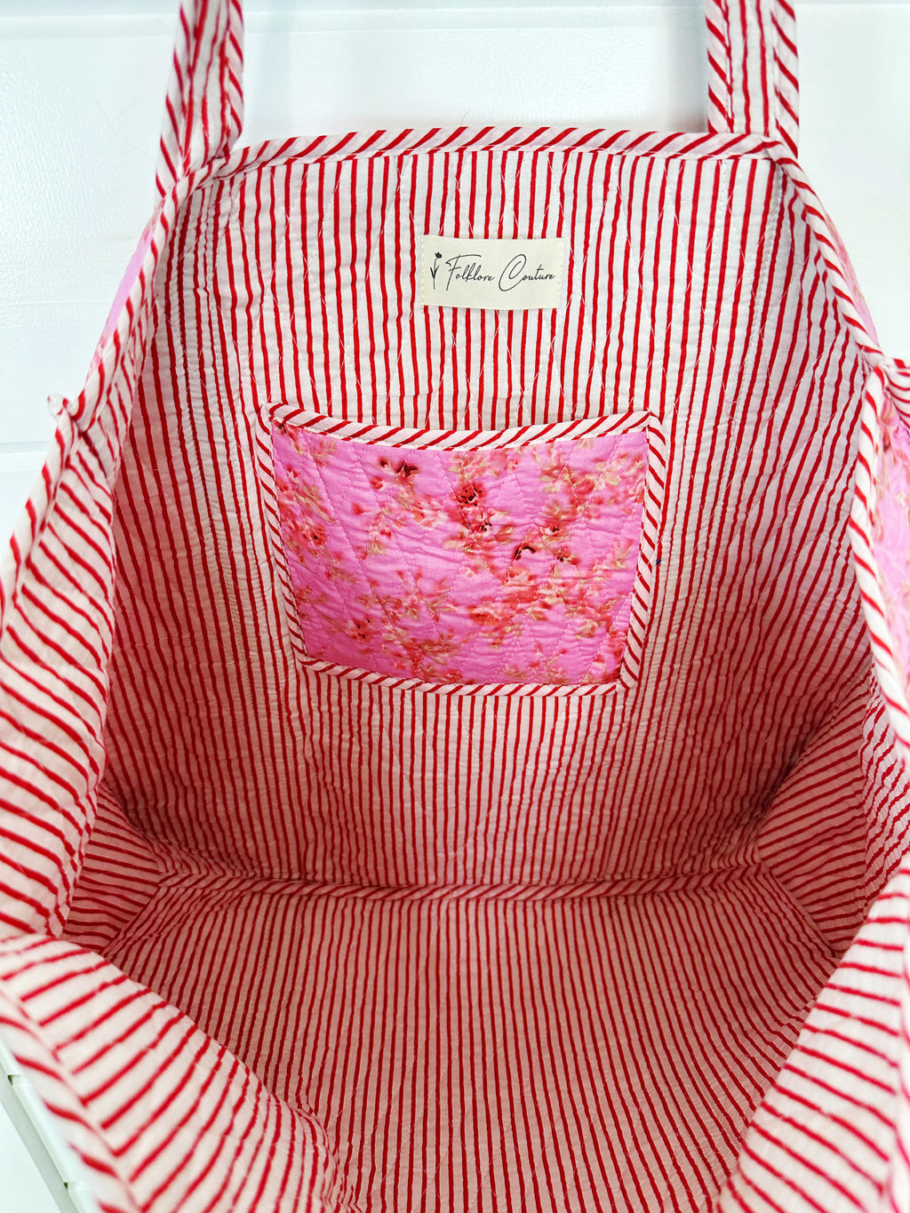 Pink Floral Print Diamond Quilted Cotton Tote Bag
